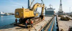 Heavy equipment and industrial machinery being loaded onto a breakbulk cargo ship for international overseas shipping from Houston.