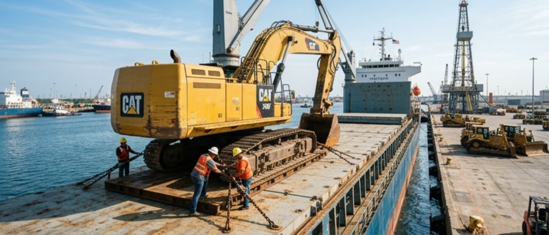 Heavy equipment and industrial machinery being loaded onto a breakbulk cargo ship for international overseas shipping from Houston.