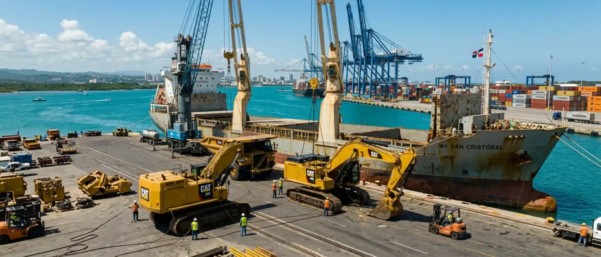 Heavy machinery and oversized breakbulk cargo being unloaded at the Port of Caucedo, illustrating freight forwarding services to the Dominican Republic.