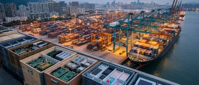 A comprehensive view of the logistics involved in exporting electronics from Shenzhen to the US, showing high-tech components and large-scale shipping infrastructure at the port.