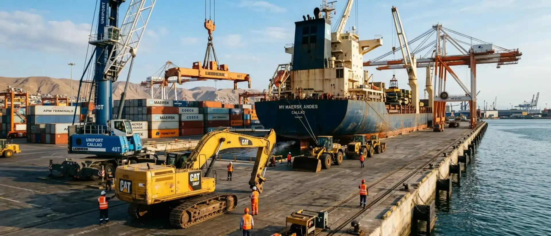 Heavy mining machinery and industrial equipment being unloaded at the Port of Callao, Peru, demonstrating international ocean freight and logistics services.