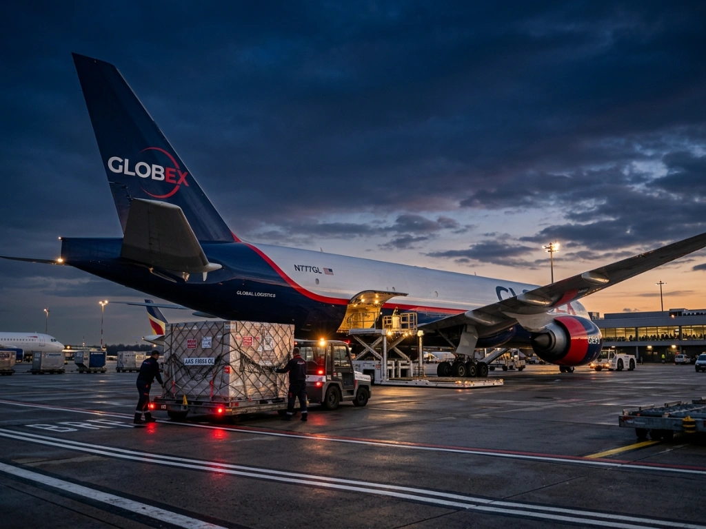 Modern Commercial Cargo Airplane Being Loaded With Specialized Air Freight Pallets For Global Logistics And International Shipping Services.