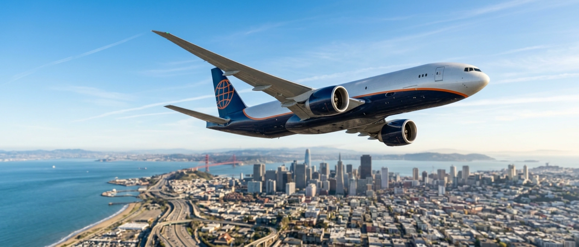 Modern Commercial Air Cargo Jet Flying Over A City, Illustrating Houston Air Cargo And International Air Freight Services For Global Logistics.