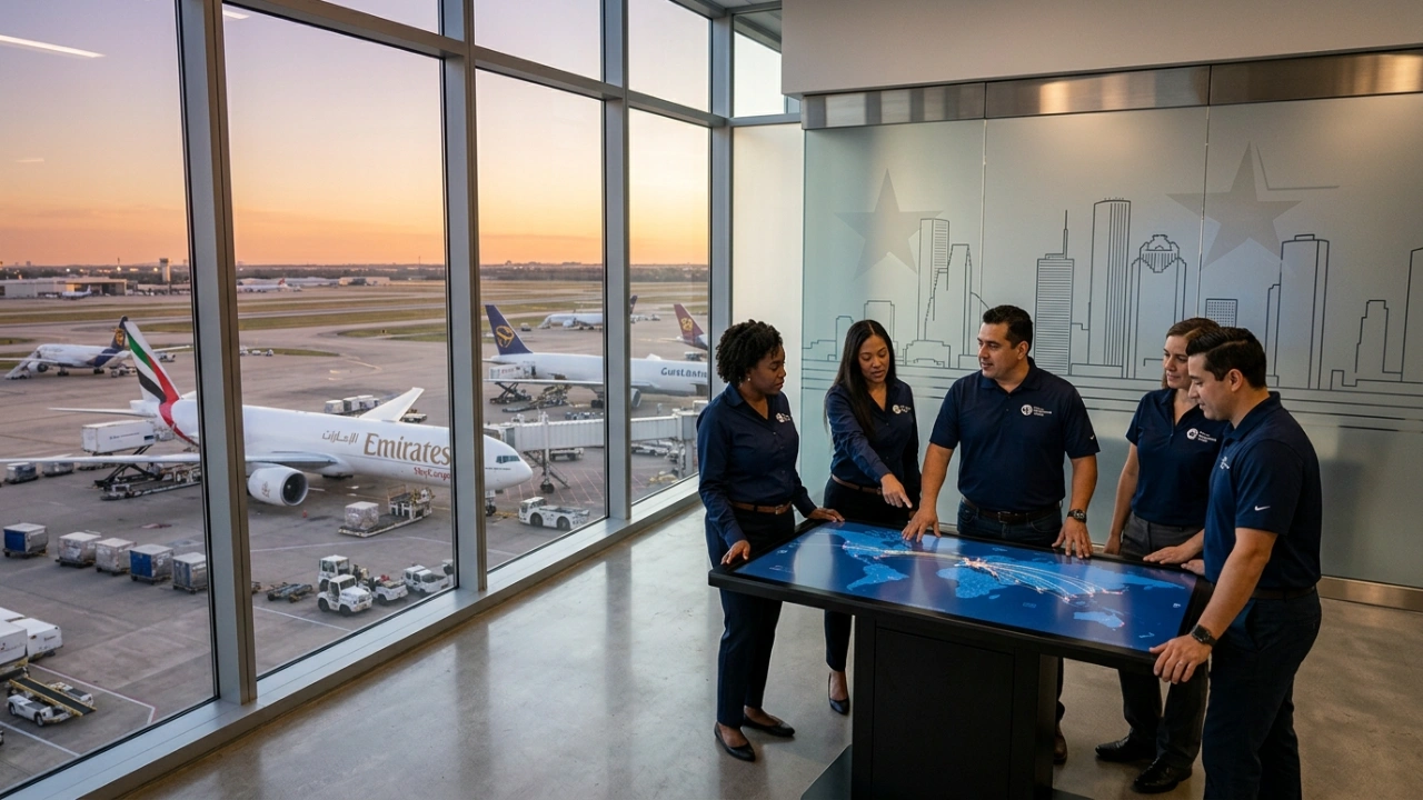 Experienced Logistics Professionals At Texas International Freight Managing Global Cargo Shipments From Their Houston Office Overlooking An International Airport Tarmac.