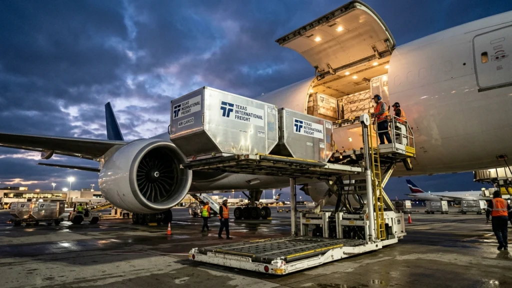 Texas International Freight Air Cargo Loading Operations On A Boeing 777F Freighter At Dusk, Showcasing International Heavy Lift Logistics.