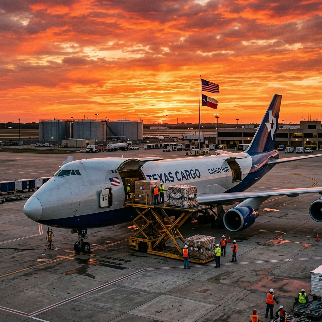 A Texas Cargo Boeing 747 Freighter Aircraft Being Loaded With Palletized Freight Using A Yellow K-Loader At An Airport Cargo Hub During A Vibrant Sunset.