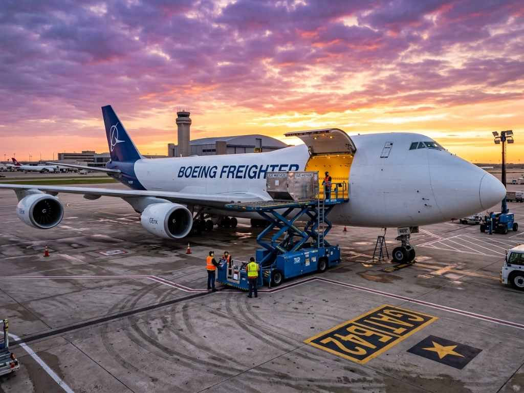 Ground Crew Loading A Metallic Container Into A Boeing Freighter Using A Heavy-Duty Scissor Lift During A Sunrise At An Airport Cargo Terminal.