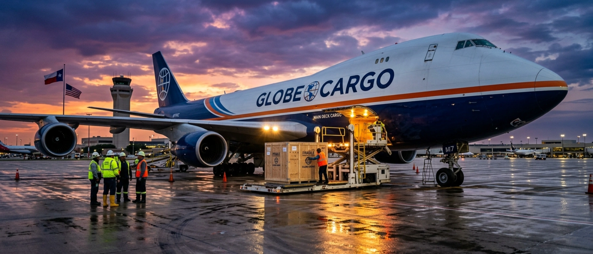 A Globe Cargo Boeing 747 Cargo Plane Loading Fragile Freight Via A Side Door At A Texas Airport During Dusk, Highlighting International Air Logistics And Shipping Services.