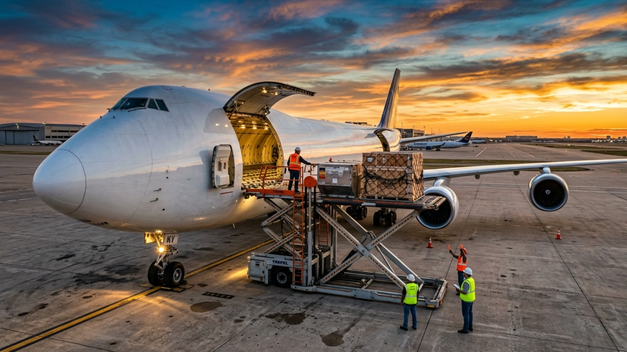 A Large Boeing 747-8 Freighter Aircraft Loading Industrial Pallets Through Its Side Cargo Door At A Texas Airport, Highlighting Professional Air Freight And Logistics Services.