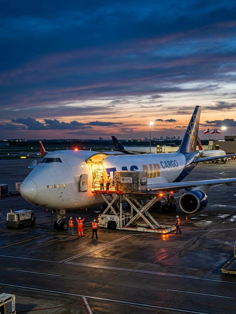 Industrial Freight Being Loaded Onto A Boeing 747-8F For A Specialized Air Charter Operation In Texas At Sunset.