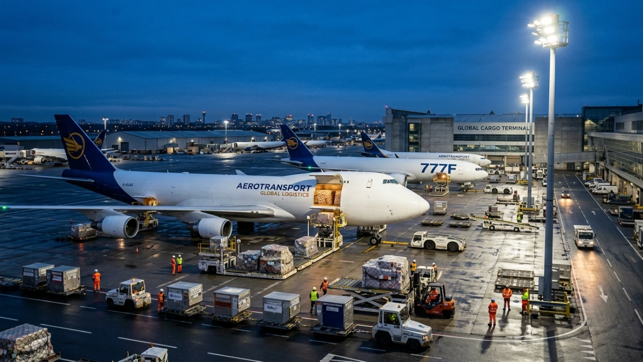 Efficient International Air Freight Operations At A Busy Airport Cargo Terminal During Dusk, Showcasing Premium B2B Logistics And Cargo Handling.