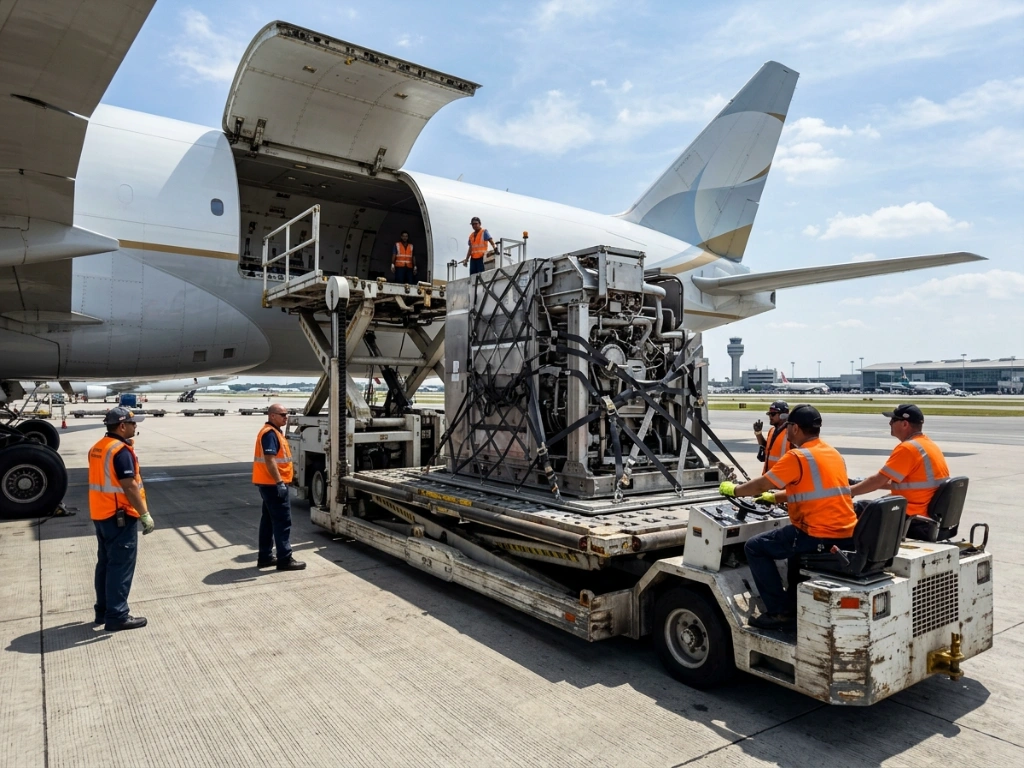 Specialized Air Freight Logistics Handling Precision Industrial Machinery Being Loaded Into A Wide-Body Cargo Aircraft On An Airport Runway.