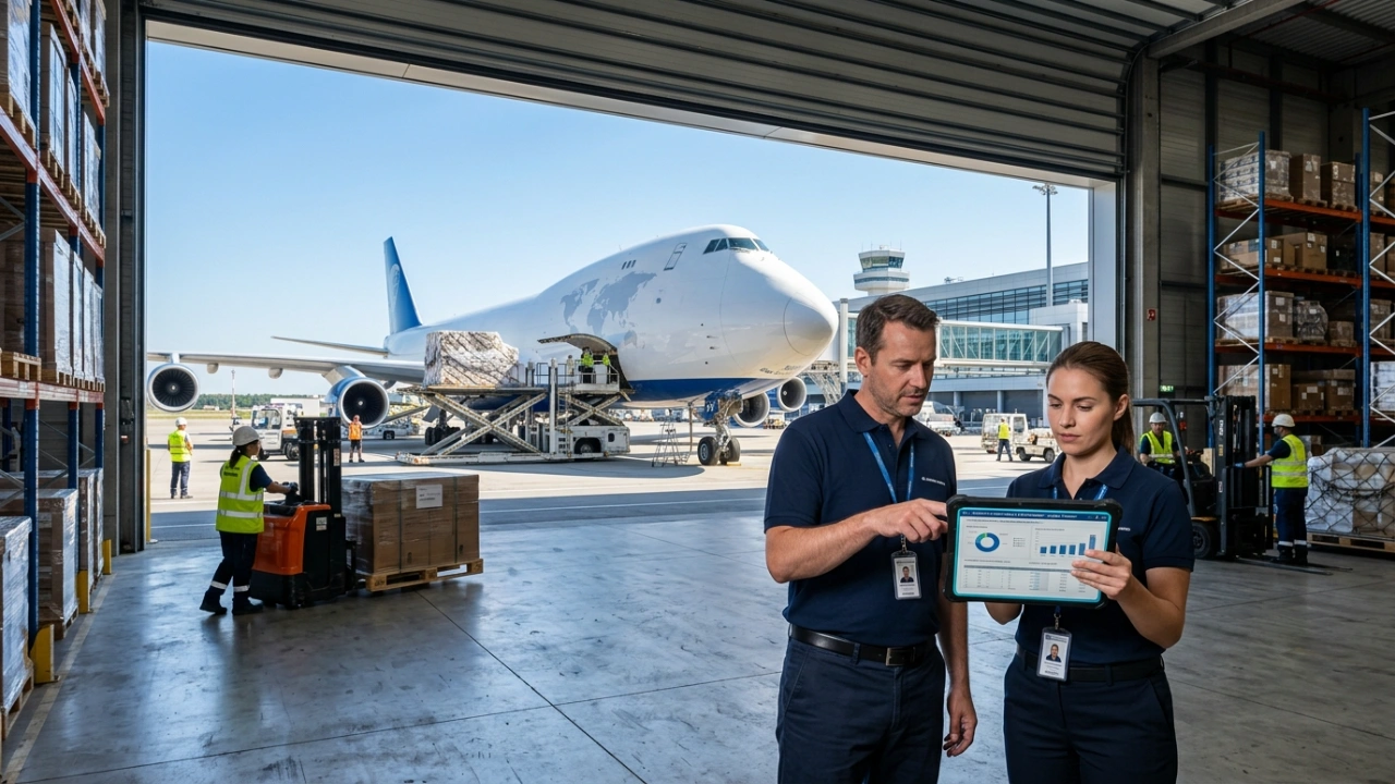 Logistics Managers Reviewing Documentation For Air Cargo Loading At A Modern Warehouse To Ensure Shipping Compliance And Efficiency.