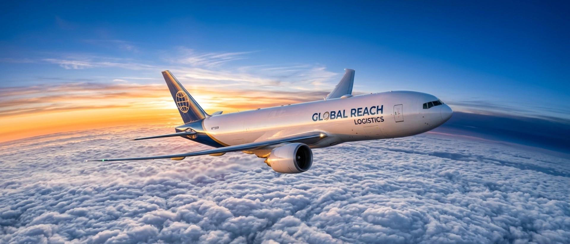Reliable Global Air Freight And Corporate Logistics Services Featuring A Modern Cargo Aircraft Flying Above The Clouds At Sunrise.