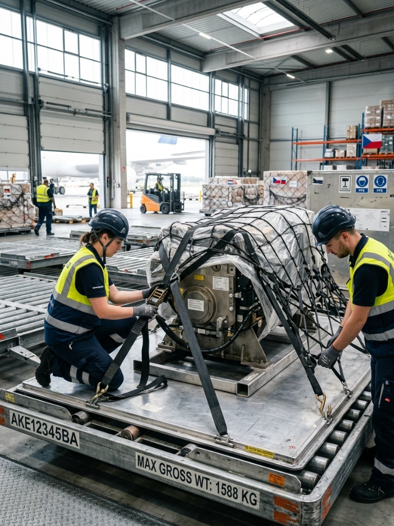 Logistics Specialists Meticulously Securing High-Value Industrial Machinery On An Aluminum Uld Pallet For Safe Air Cargo Transportation.