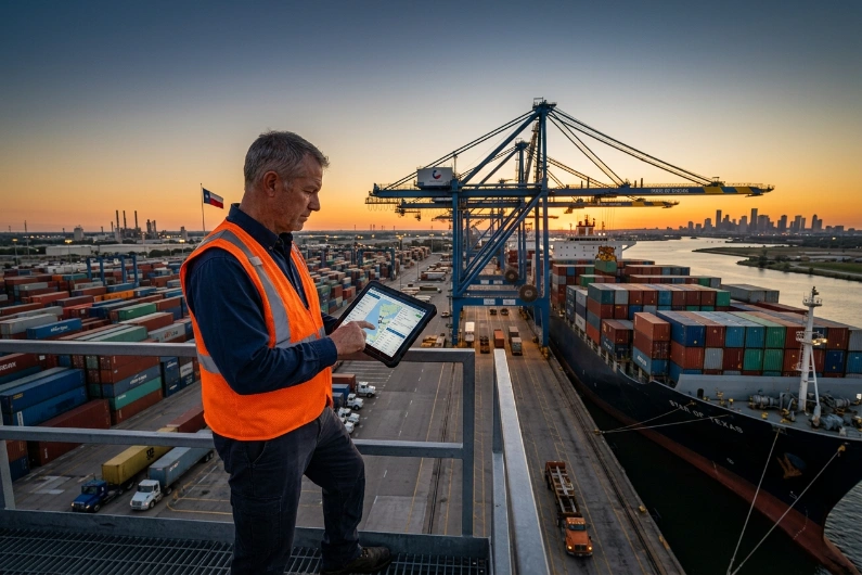 A Logistics Expert At A Houston Shipping Terminal Reviews An International Freight Shipping Quote On A Digital Tablet For Texas International Freight Customers.