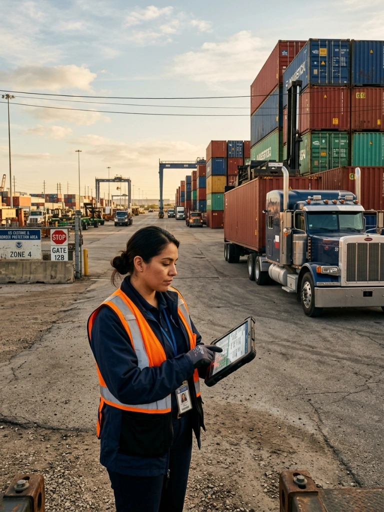 A Professional Customs Broker Facilitating International Trade And Cargo Clearance At A Texas Logistics Hub.