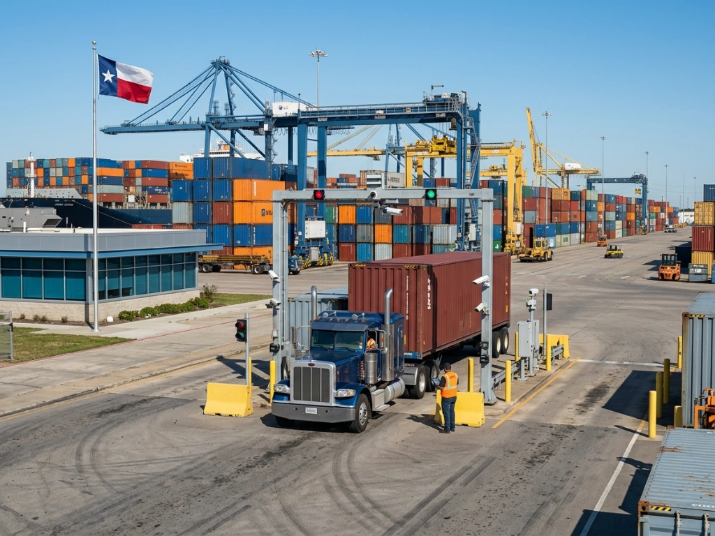 Heavy-Duty Freight Truck Undergoing Digital Customs Inspection At The Bustling Port Of Houston International Cargo Terminal In Texas.