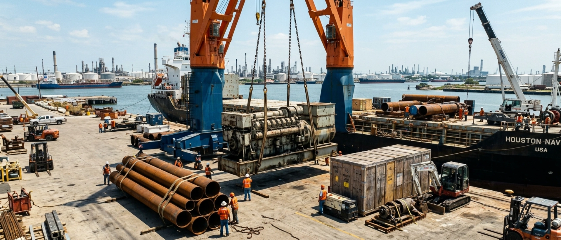 Break-Bulk Cargo Operations At A Texas Industrial Port Featuring A Heavy-Lift Crane Maneuvering An Industrial Generator And Steel Pipes Onto A Vessel In The Houston Ship Channel.