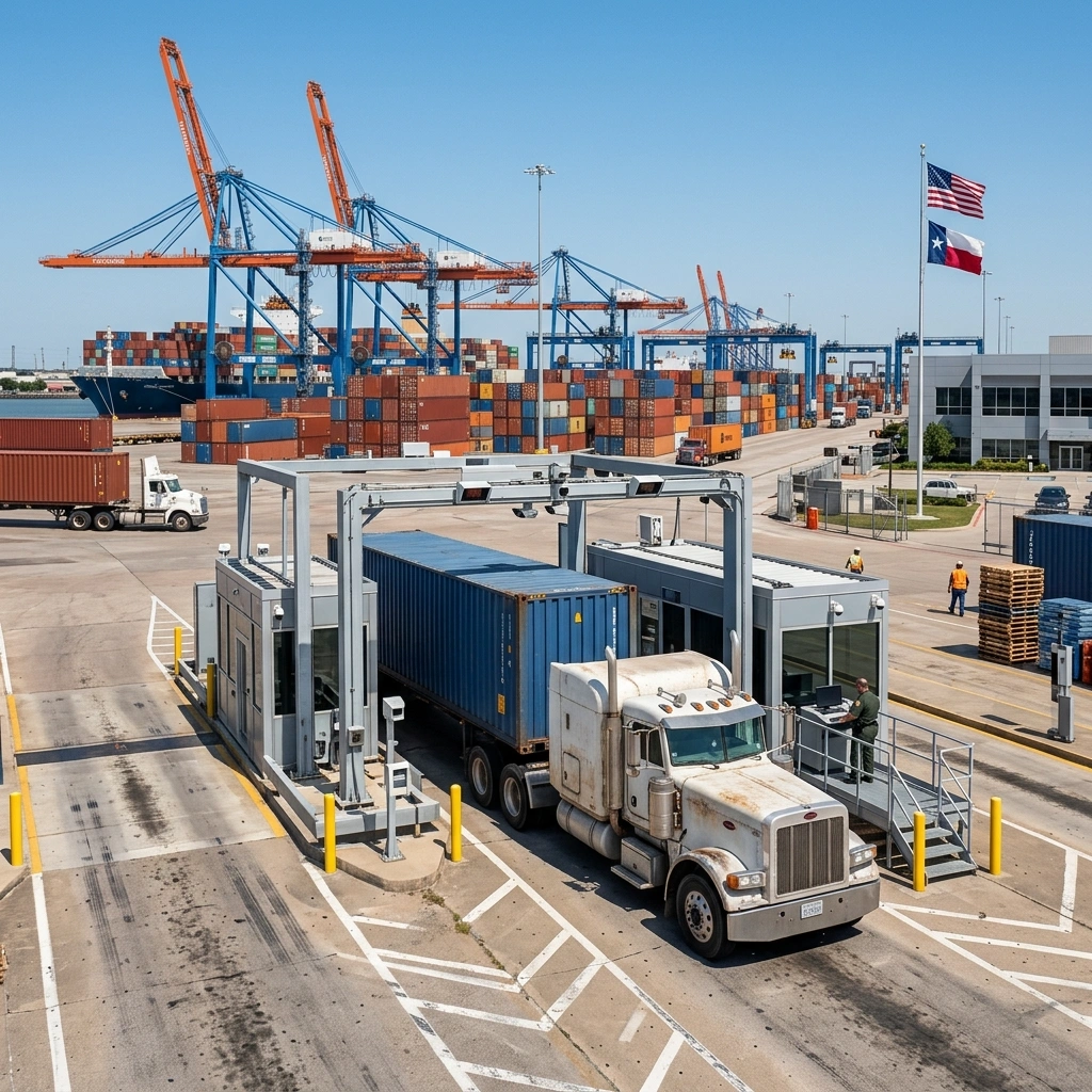 Professional Texas Customs Broker Services Facilitating International Trade At A Busy Shipping Port With Cargo Containers And Freight Trucks.