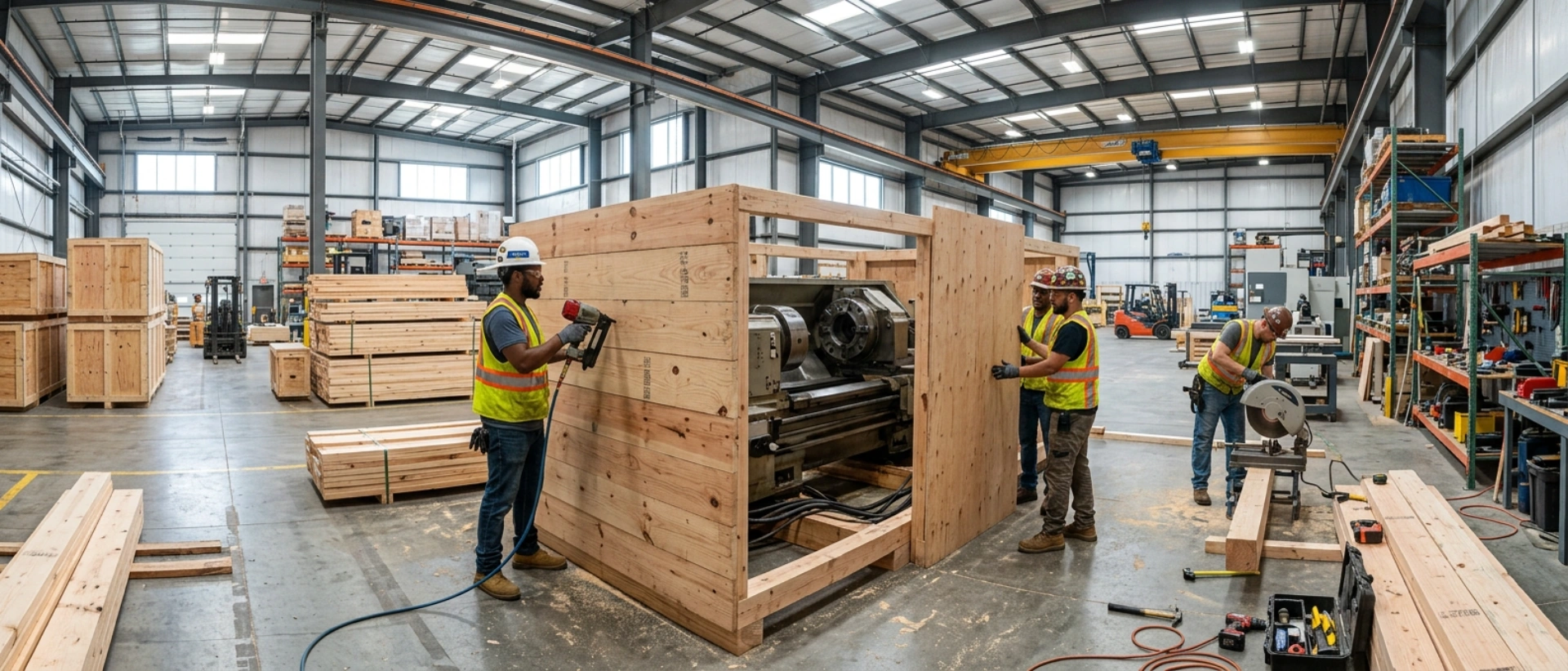 Specialized Workers Constructing Custom Heavy-Duty Wooden Crates For Industrial Machinery Transport In A Modern Warehouse Facility.