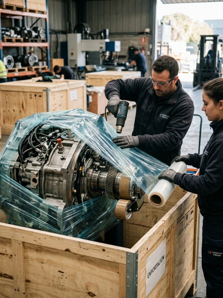 Logistics Specialists Applying Protective Vci Wrap And Vacuum Sealing Industrial Machinery For Secure Export Packaging In A Wooden Crate.