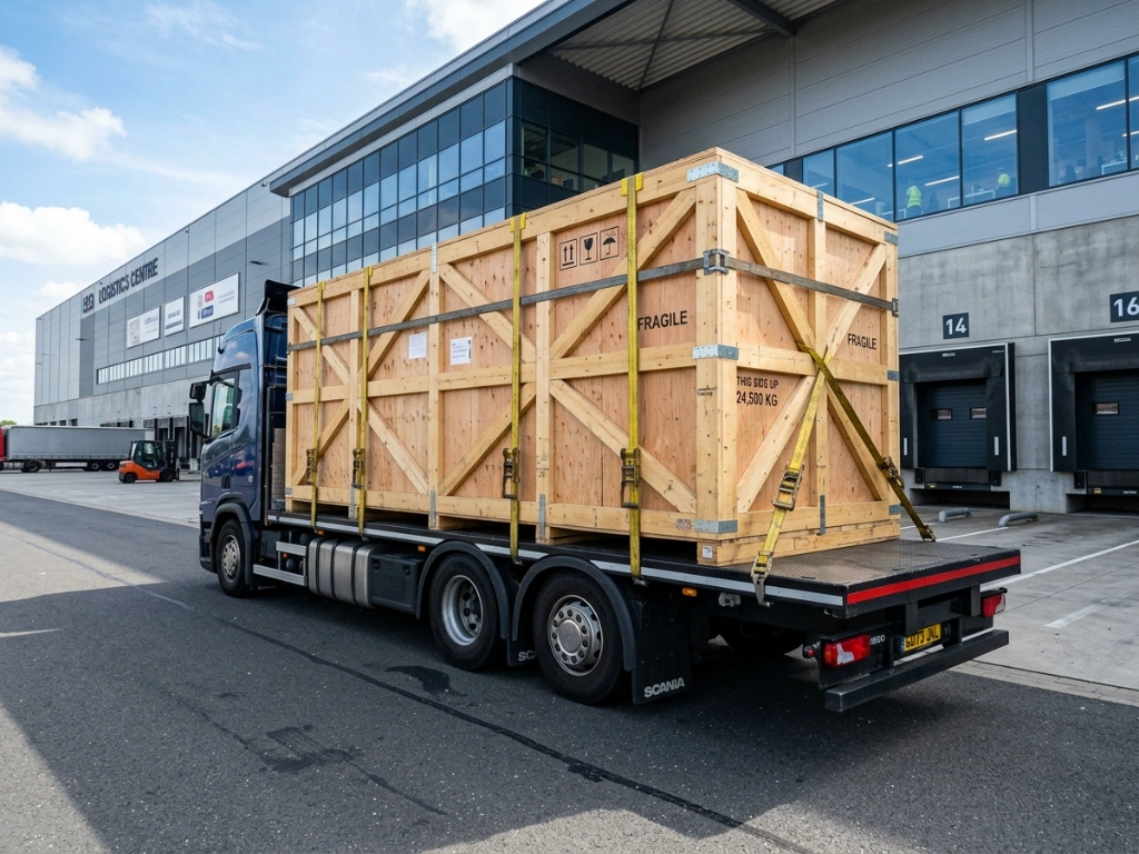 Large Industrial Wooden Export Crate Secured On A Flatbed Truck At A Modern Logistics Center, Showcasing Heavy-Duty Packaging And International Shipping Solutions.