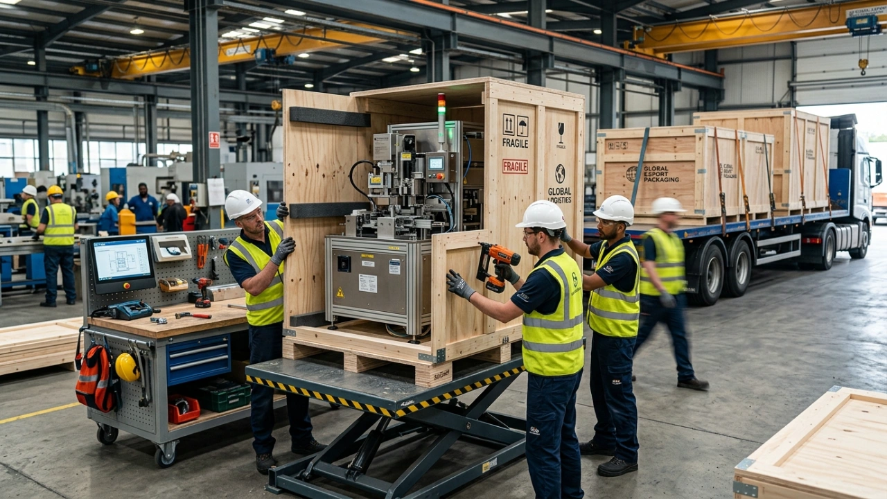 Specialized Team Providing On-Site Industrial Packaging And Custom Export Crating For Precision Machinery At A Client Factory