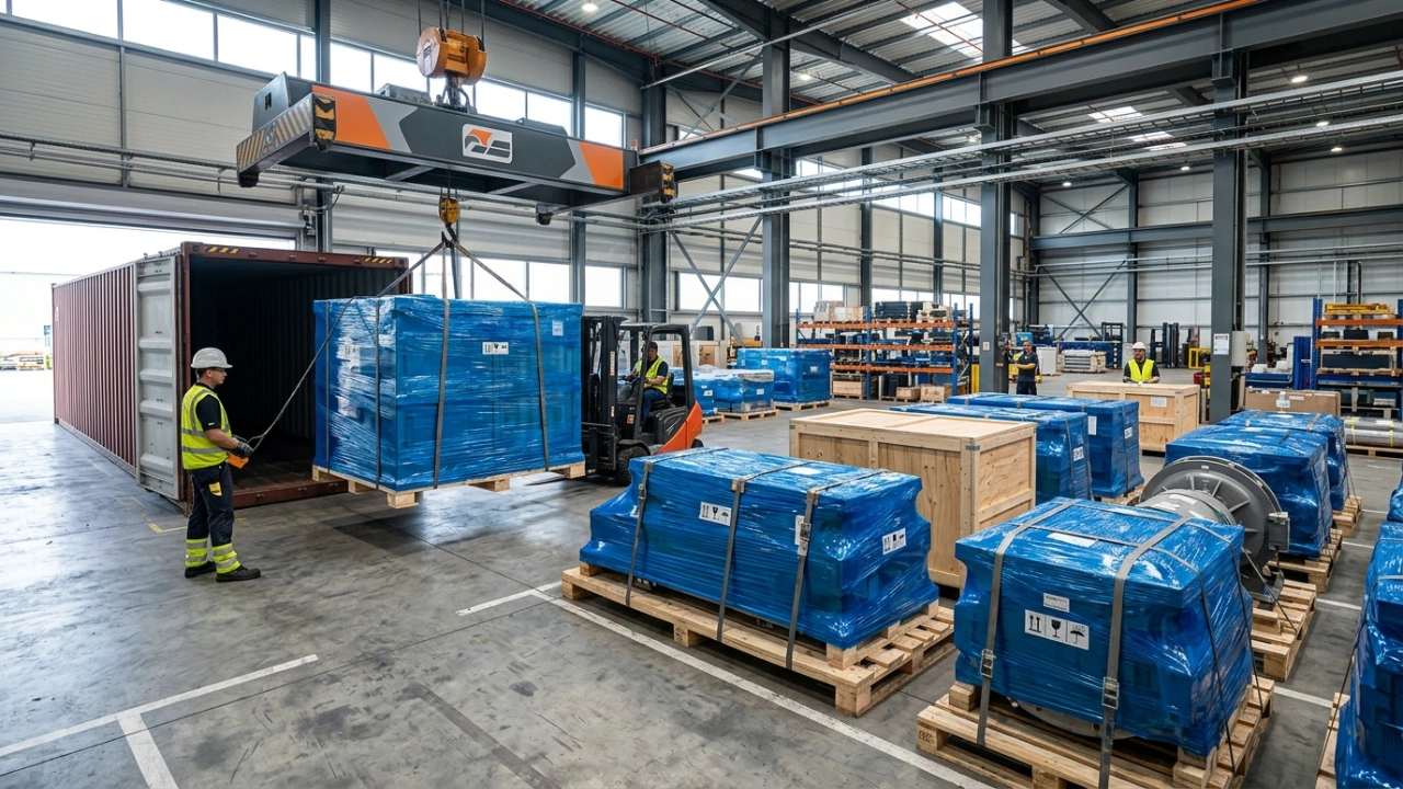 High-End Industrial Export Packaging Featuring Custom-Built Crates And Heavy-Duty Blue Shrink Wrap For Secure International Logistics.
