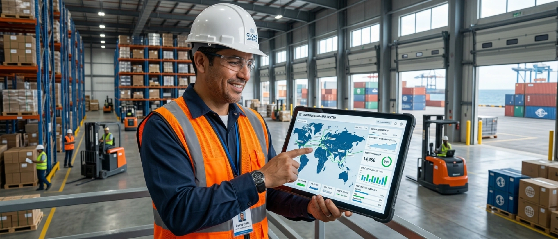 Professional Logistics Expert Managing Shipping Routes And Warehouse Data On A Digital Tablet For Efficient Supply Chain Solutions.