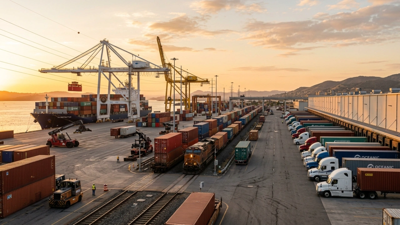 Strategic Intermodal Logistics Terminal Showing Efficient Multimodal Transport Integration With Freight Trains, Trucks, And Container Cranes During Golden Hour.