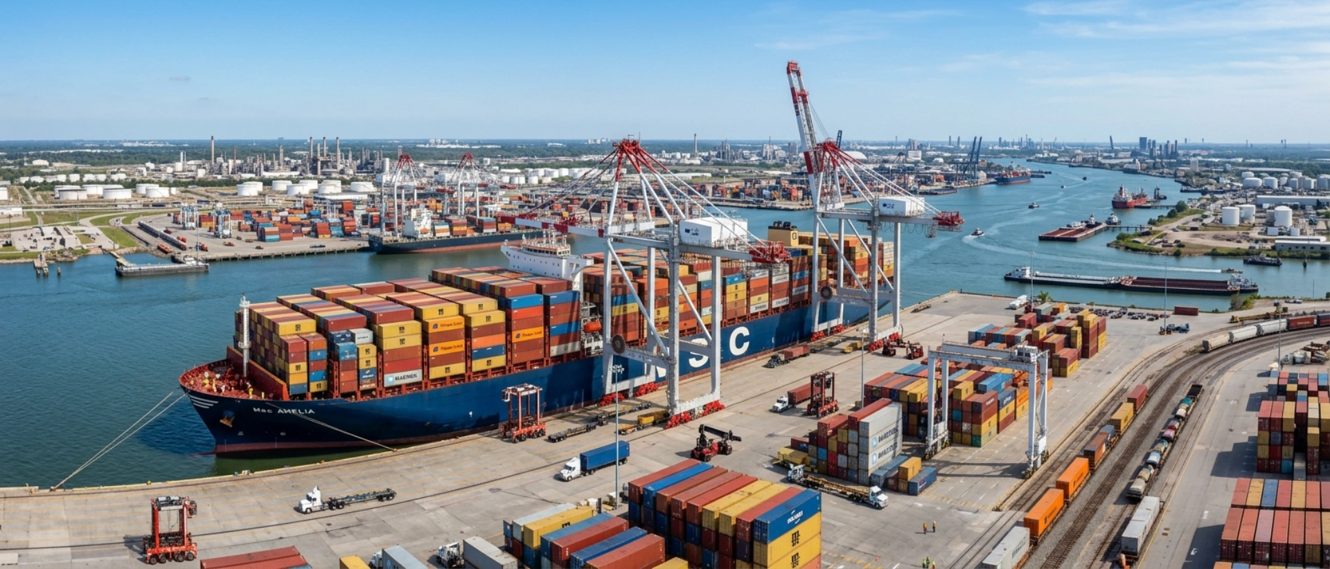 Expansive Panoramic View Of The Port Of Houston Featuring A Massive Container Ship And Industrial Gantry Cranes Representing Global Logistics And Export Operations.