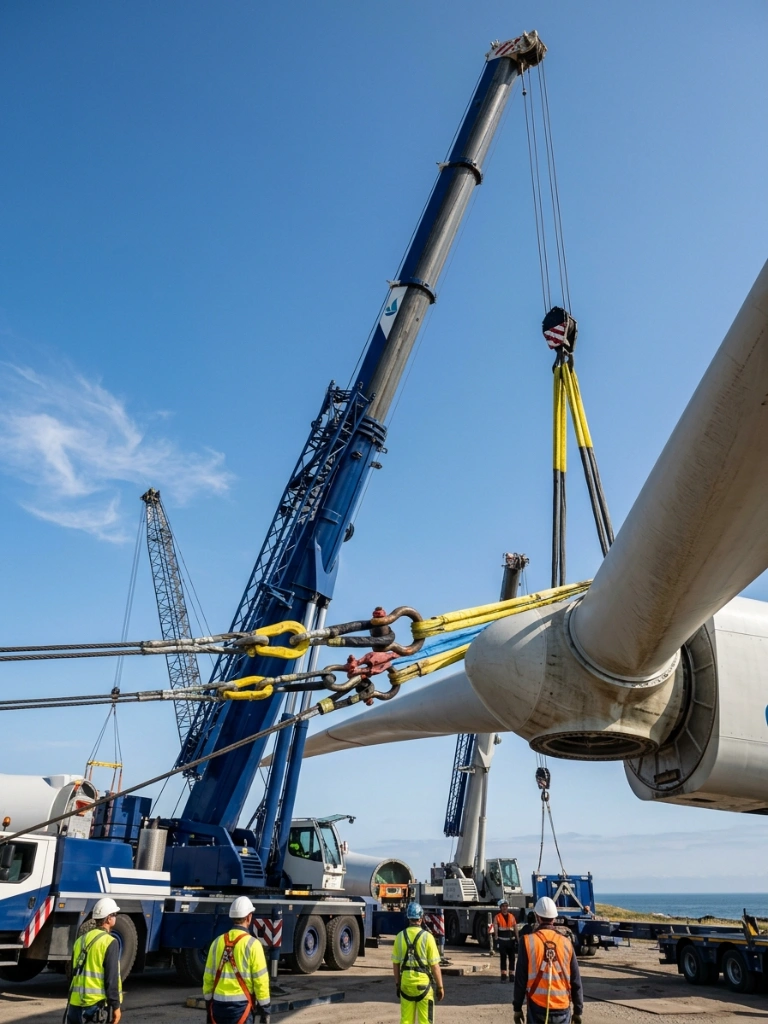 Specialized Heavy Lift Logistics For The Energy Sector Featuring A Massive Industrial Crane Lifting A Wind Turbine Component With Precision Engineering.