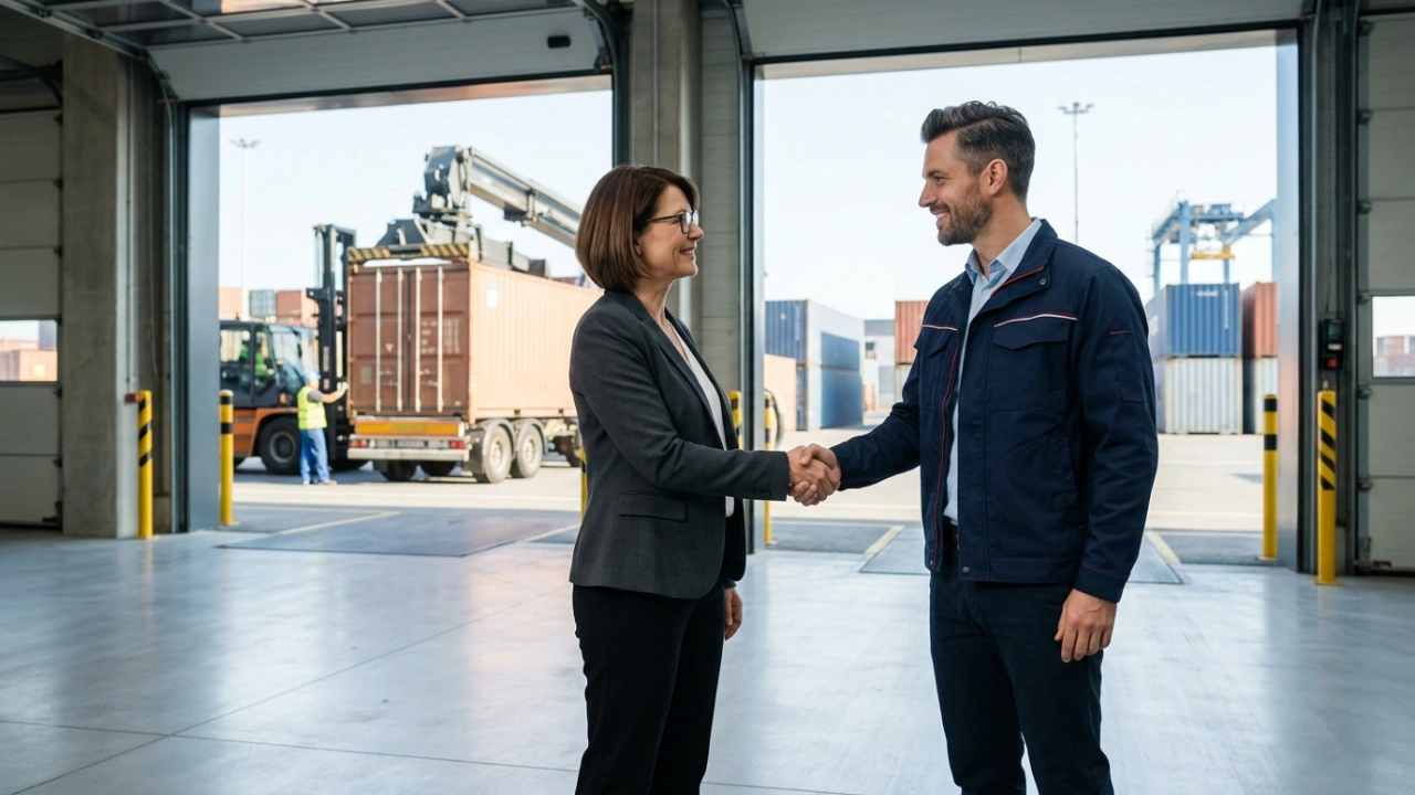 Logistics Professional And Client Shaking Hands In A Modern Warehouse, Representing Reliable Door-To-Door Shipping And Customs Clearance Services.