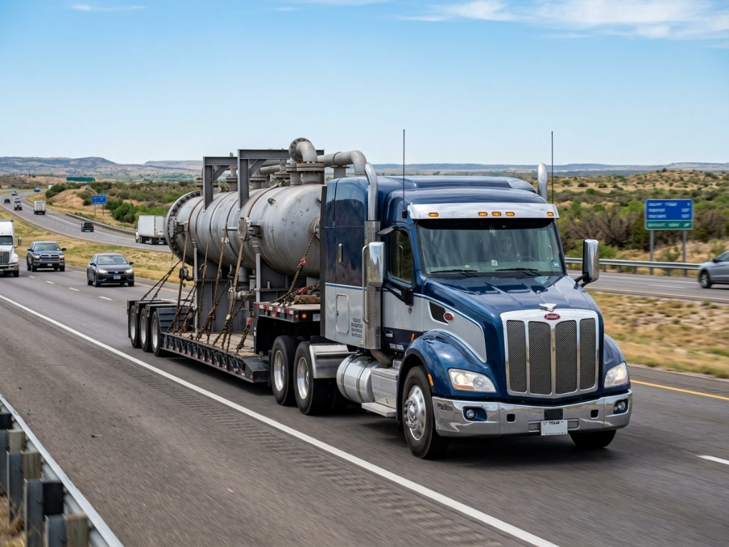 Heavy-Duty Industrial Transport Truck Delivering Large Oil And Gas Infrastructure Components On A Texas Highway, Showcasing Reliable Logistics And On-Time Freight Delivery.