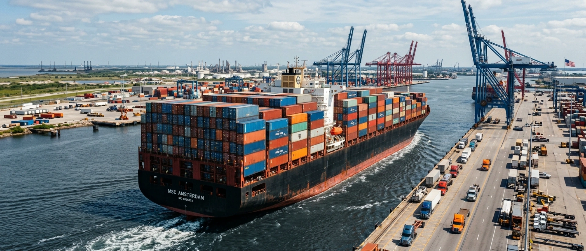 Large Container Ship Transporting Ocean Freight At The Port Of Houston, Representing International Shipping And Logistics Services In Texas.