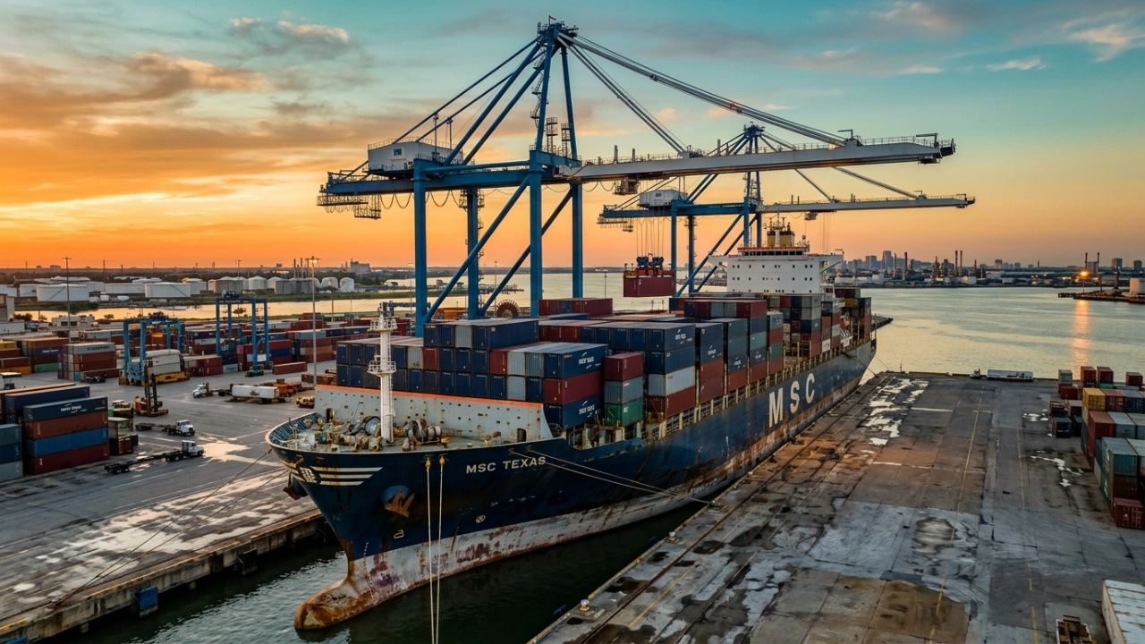 Professional Ocean Freight And Maritime Logistics Services At A Major Texas Port Featuring A Container Ship And Gantry Cranes.