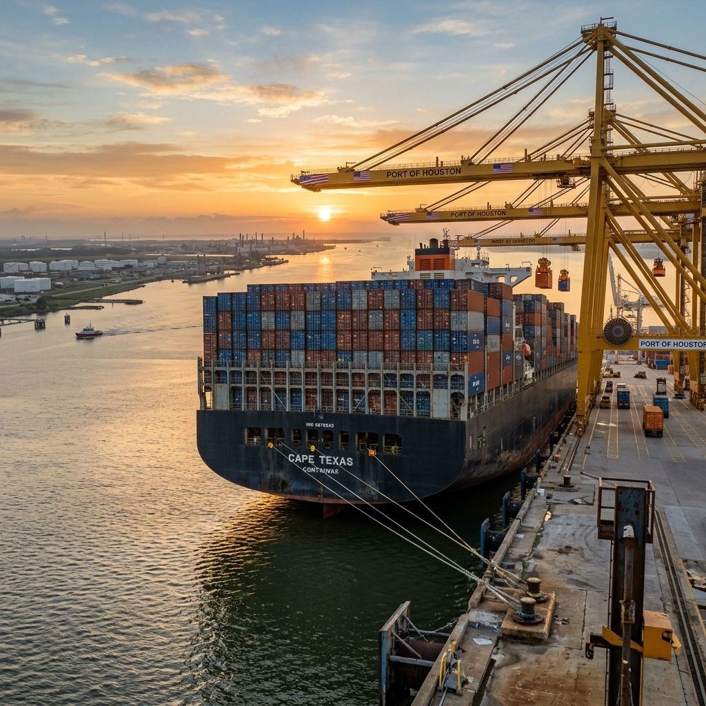 Large Container Ship Docked At A Texas Port Being Loaded By Gantry Cranes, Representing Professional Ocean Freight And Maritime Logistics Services.