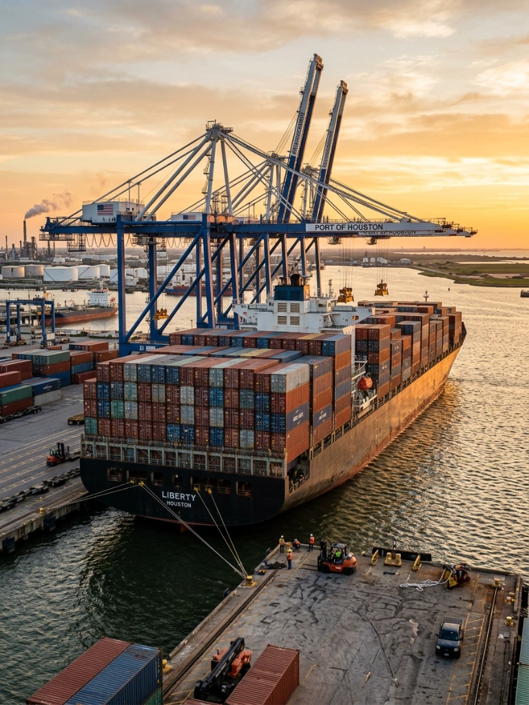 A Massive Cargo Vessel Being Loaded At A Texas Shipping Terminal, Representing Professional Ocean Freight And Global Logistics Services.