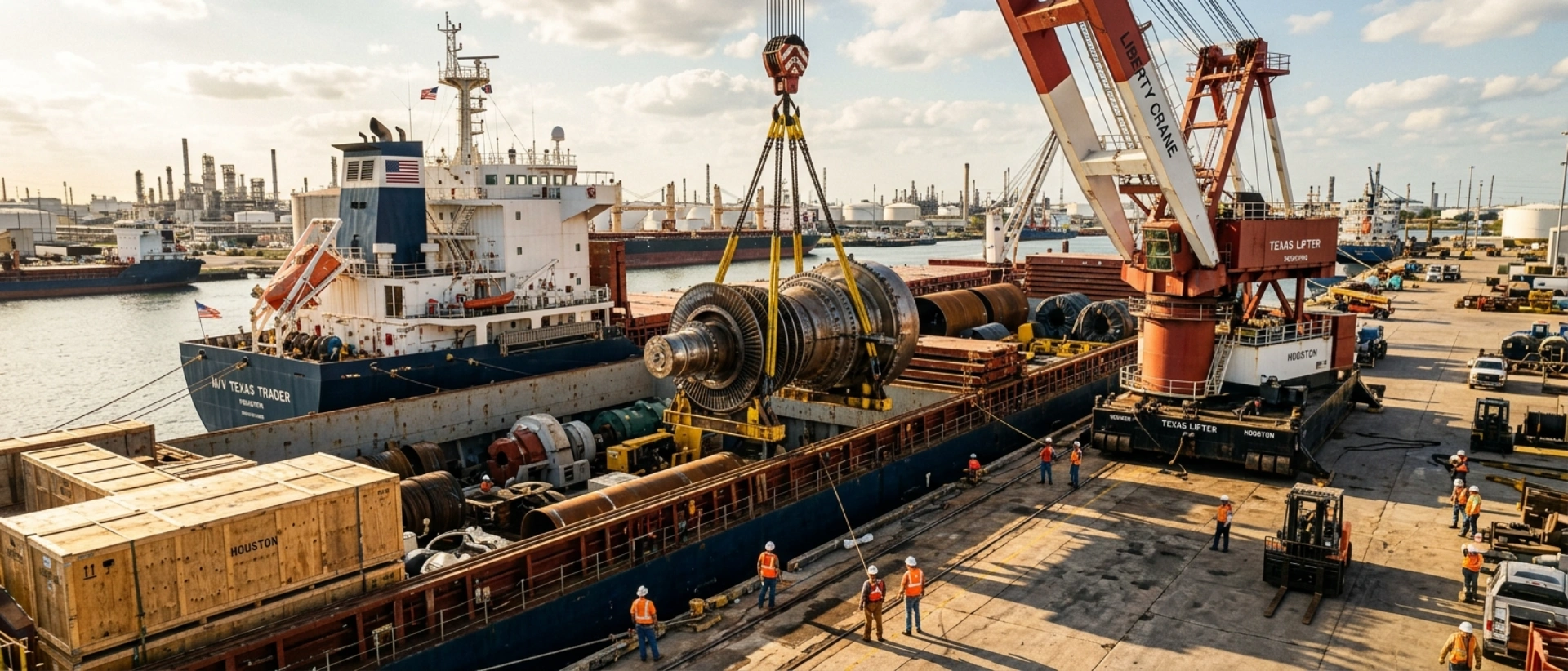 Specialized Break Bulk Ocean Freight Services In Texas Showing Heavy-Lift Industrial Cargo Being Loaded Onto A Maritime Vessel At The Port Of Houston.
