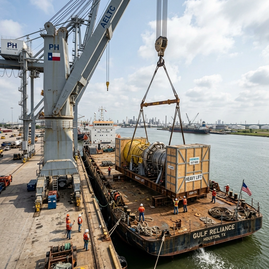 Break Bulk Ocean Freight Services In Texas Showing Heavy-Lift Cargo Being Loaded Onto A Vessel At A Professional Shipping Port.