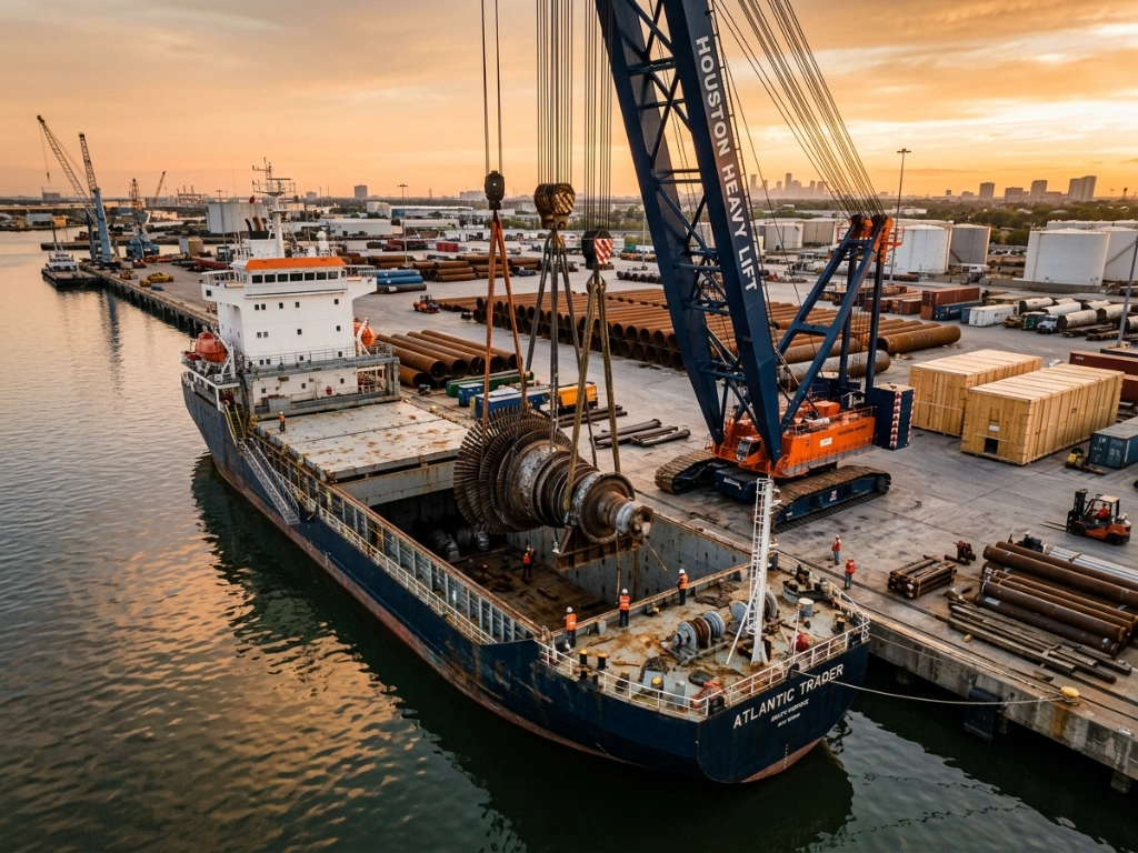 Professional Break Bulk Shipping Services In Texas Featuring Heavy-Lift Cargo Loading At An Industrial Ocean Port.