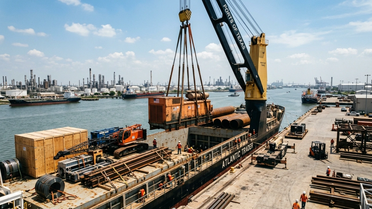 Heavy-Lift Crane Loading Oversized Break Bulk Cargo And Industrial Machinery Onto A Shipping Vessel At A Texas Port.