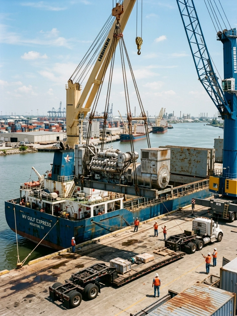 Break Bulk Ocean Freight Services In Texas, Showcasing Heavy-Lift Crane Operations For Oversized Industrial Machinery At A Major Seaport.