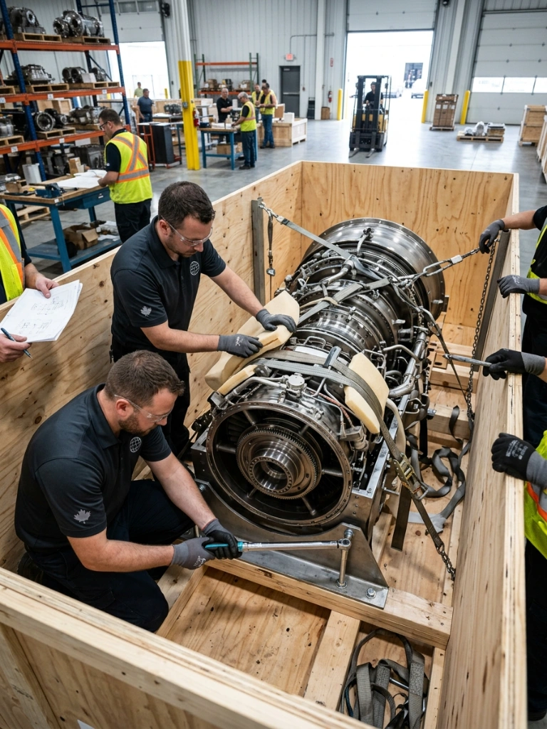 Logistics Specialists Meticulously Preparing A Large Industrial Turbine Component For Break Bulk Shipping In A Custom Wooden Crate, Showcasing Specialized Heavy Cargo Handling.