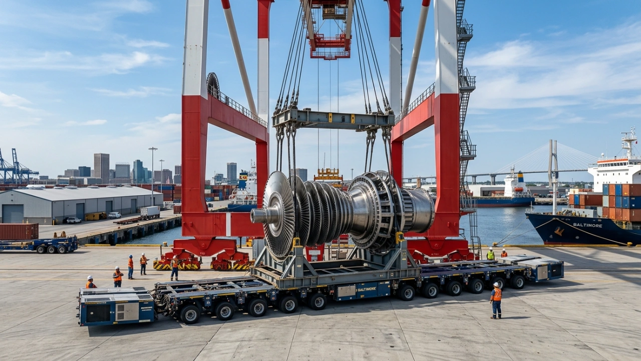Specialized Break Bulk Cargo Handling At The Port Of Baltimore Showing A Gantry Crane Loading A Massive Industrial Turbine Onto A Heavy-Duty Transport Vehicle.