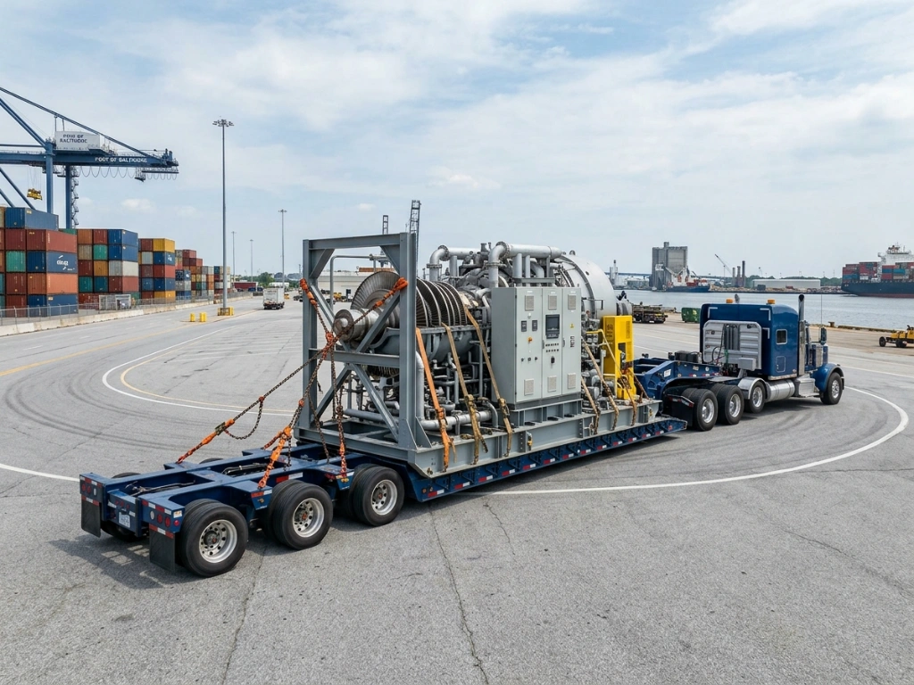 Specialized Multi-Axle Heavy Haul Trailer Transporting Oversized Industrial Power Generation Equipment At The Port Of Baltimore Logistics Terminal.