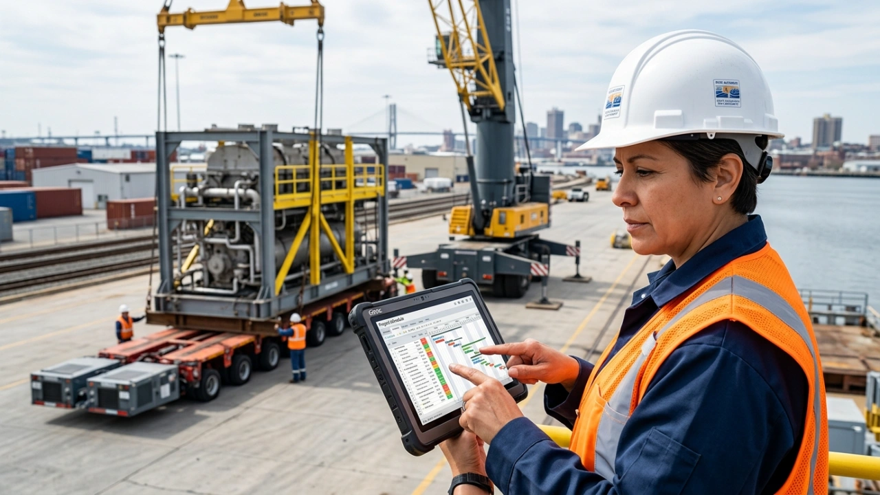 A Logistics Manager At The Port Of Baltimore Oversees The Heavy Lift Operation Of Specialized Project Cargo Being Loaded By A Derrick Crane Onto A Transport Vehicle.