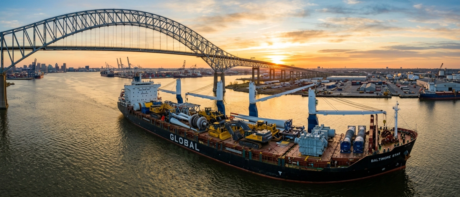 A Large General Cargo Ship Transporting Heavy Break Bulk Machinery Under The Francis Scott Key Bridge Towards The Port Of Baltimore Terminals At Sunrise.