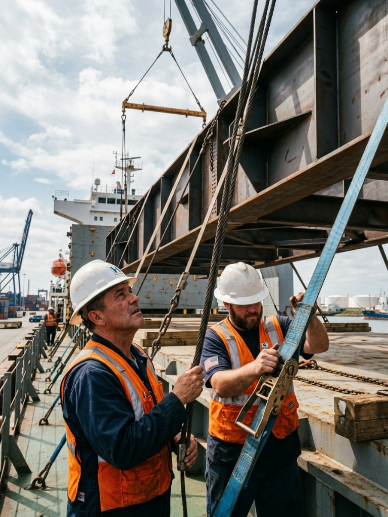 Logistics Specialists Supervising The Secure Cargo Handling Of Massive Steel Fabrications For Break Bulk Transport At The Port Of Houston.